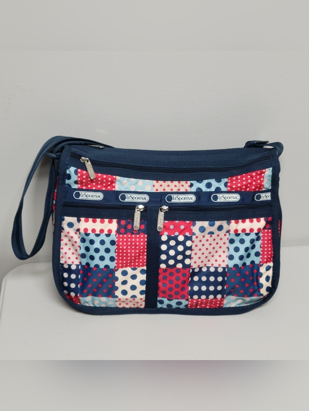 Lesportsac NOWT Adjustable Strap Americana Patchwork Polka Dot Bag.